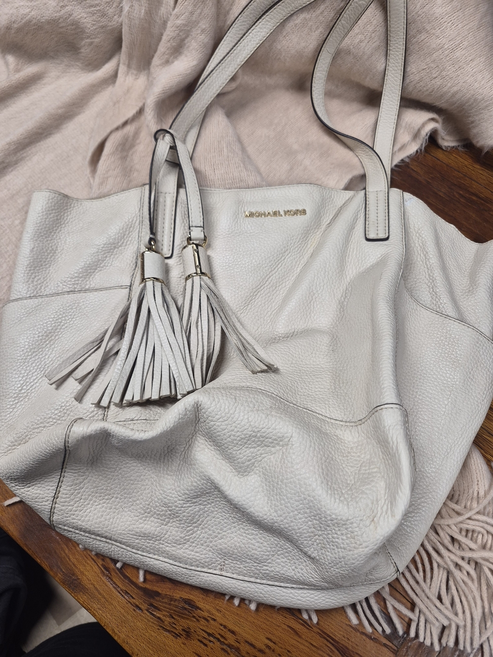 Michael Kors Cream Leather Hobo Tote with Tassel Accents